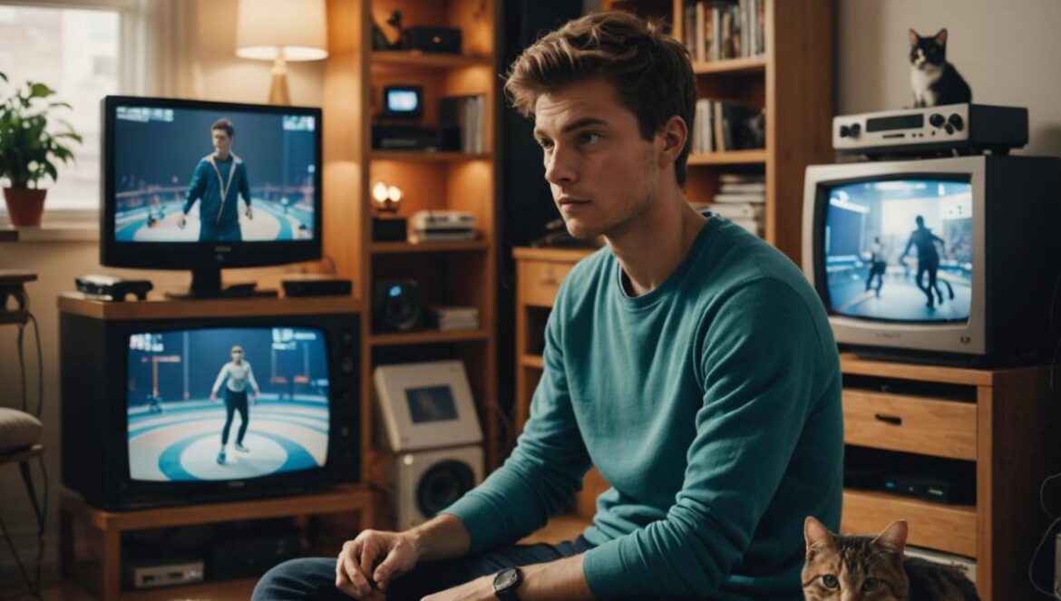 Los “Kitty Olympics” arrasan en TikTok: gatos olímpicos hechos con IA, 300 millones de views y un debate sobre creatividad digital A photorealistic editorial-style image of a young man in his late twenties, sitting in a cozy, modern apartment surrounded by retro and modern gaming consoles, intently watching a screen displaying animated AI-generated cats performing Olympic gymnastics. The main subject is clearly centered and sharply focused, with playful cat figurines and tech gadgets scattered around, soft natural lighting creating a warm and inviting atmosphere, clean and uncluttered background.