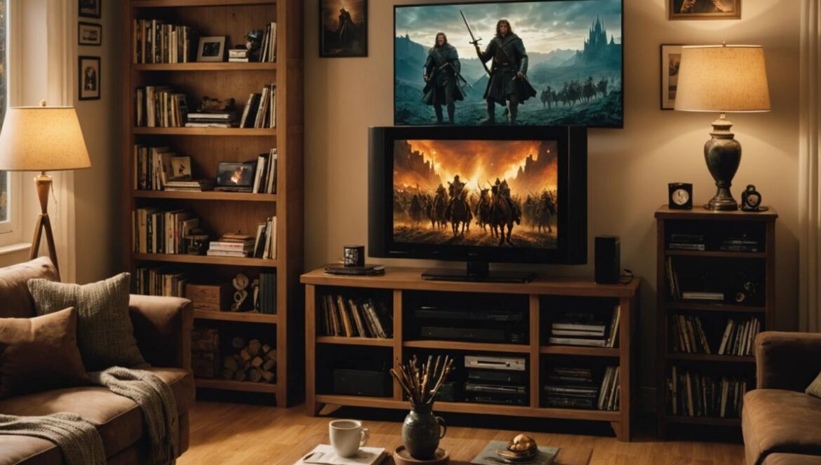 La Tierra Media regresa (en anime): por qué “La Batalla de los Rohirrim” merece una segunda oportunidad A photorealistic editorial-style image of a cozy living room in Madrid at dusk, main subject is a modern flat screen TV centered and displaying an epic battle scene from 'The Lord of the Rings: The War of the Rohirrim', warm ambient lighting, shelves filled with vinyl records and classic film posters in the background, a notebook and pen on a coffee table, creating a mood of cultural immersion and personal reflection. Main subject (the TV with the battle) is sharply in focus at the center.