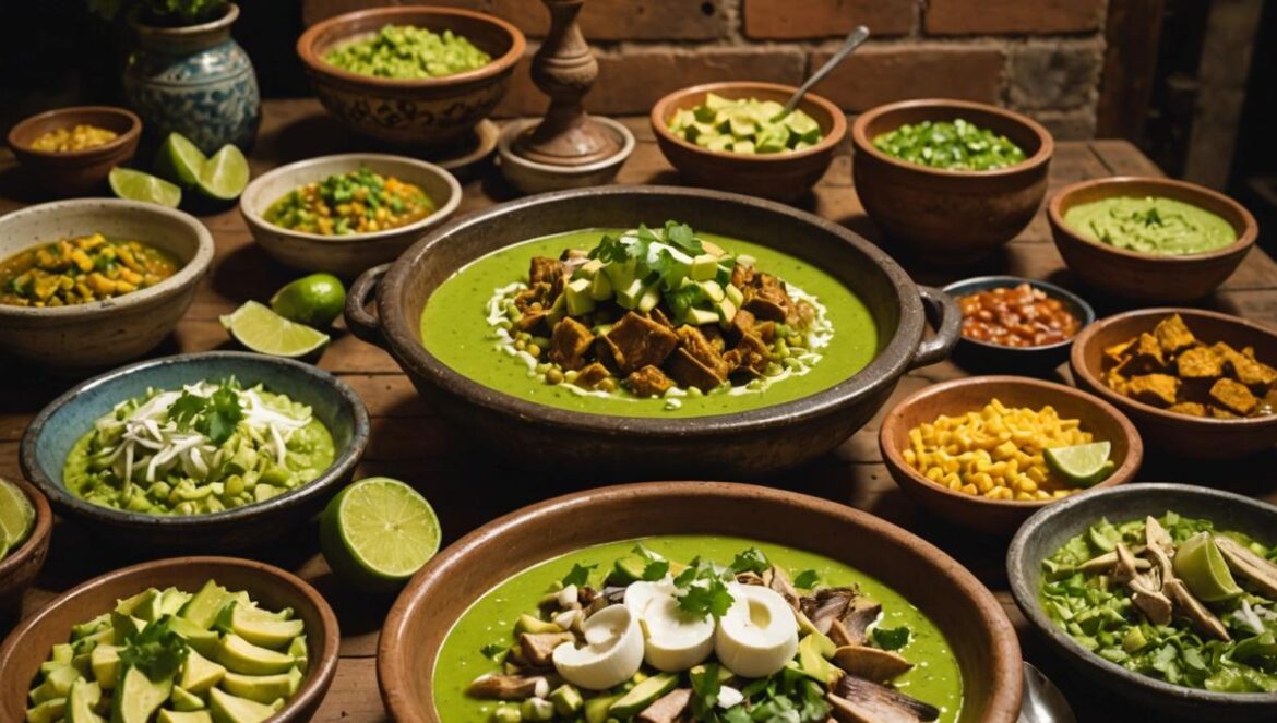Un secreto en la Guerrero: el pozole con sardina, huevo y mezcal que conquista CDMX A cozy, traditional Mexican eatery in Mexico City, photorealistic editorial style, a large steaming bowl of green pozole served in a clay cazuela is centered on a rustic wooden table, vibrant toppings like avocado, chicharrón and sardines visible, warm ambient lighting, walls decorated with bricks, mirrors and vintage lighters, main dish and setting well-centered and in sharp focus for an inviting mood.
