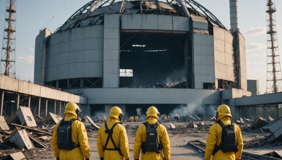 Un dron de $20K puso en jaque a Chernóbil: ¿falló la ingeniería top? A large, modern steel arch structure covering the Chernobyl reactor, with visible drone impact damage on its roof, photorealistic editorial style, early morning lighting highlighting smoke and emergency workers in hazmat suits inspecting the site, Ukrainian flags nearby, main subject (damaged dome) clearly centered and in focus, clean and dramatic background showing exclusion zone landscape.