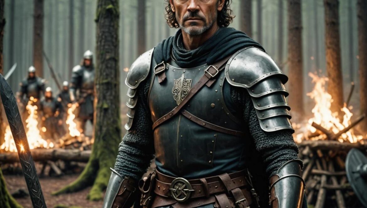El 13º Guerrero: cómo la épica de Banderas y Crichton terminó en el mayor desastre (y mito oculto) de Hollywood Antonio Banderas in medieval warrior costume, standing at the center of a dark Nordic forest set, photorealistic editorial style, dramatic lighting highlighting his serious expression, background features Viking actors with authentic armor and torches, overall mood tense and cinematic, main subject sharply in focus and centered.