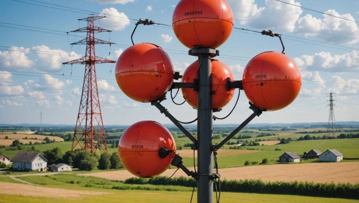 ¿Para qué sirven las bolas rojas en los cables? Spoiler: salvan vidas A close-up of bright red and orange spherical markers attached to high-voltage power lines, with a scenic rural landscape and a low-flying helicopter in the background, photorealistic editorial style, clear sunny sky with some clouds, vibrant colors, the main sphere centered and sharply focused, realistic detail on the cables and surrounding environment, clean background emphasizing the spheres' visibility.