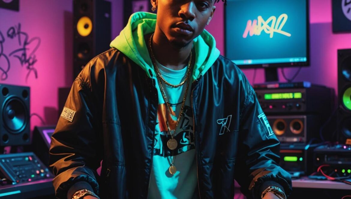 Maxo regresa con ‘MARS IS ELECTRIC’: el rap que se atreve a mirar al vacío Maxo, a young Black rapper with thoughtful expression, standing in a minimalist studio with music equipment and vibrant neon lighting, photorealistic editorial style, center-focused composition with Maxo sharply in focus, subtle hip hop details like vinyl records and handwritten lyrics on the desk, mood is introspective yet creative.