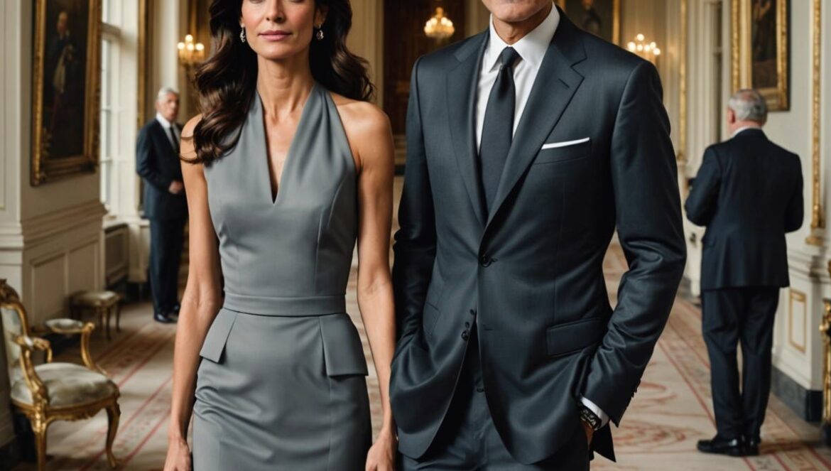 George Clooney sin corbata ante el rey Carlos III: ¿descuido, rebeldía o nuevo código del glamour? George Clooney and Amal Clooney at Buckingham Palace, George in a sleek grey suit without a tie standing confidently beside Amal in an elegant black dress, photorealistic editorial style, well-lit with a regal yet modern backdrop, main subjects centered and sharply focused, subtle presence of royal elements in the background.