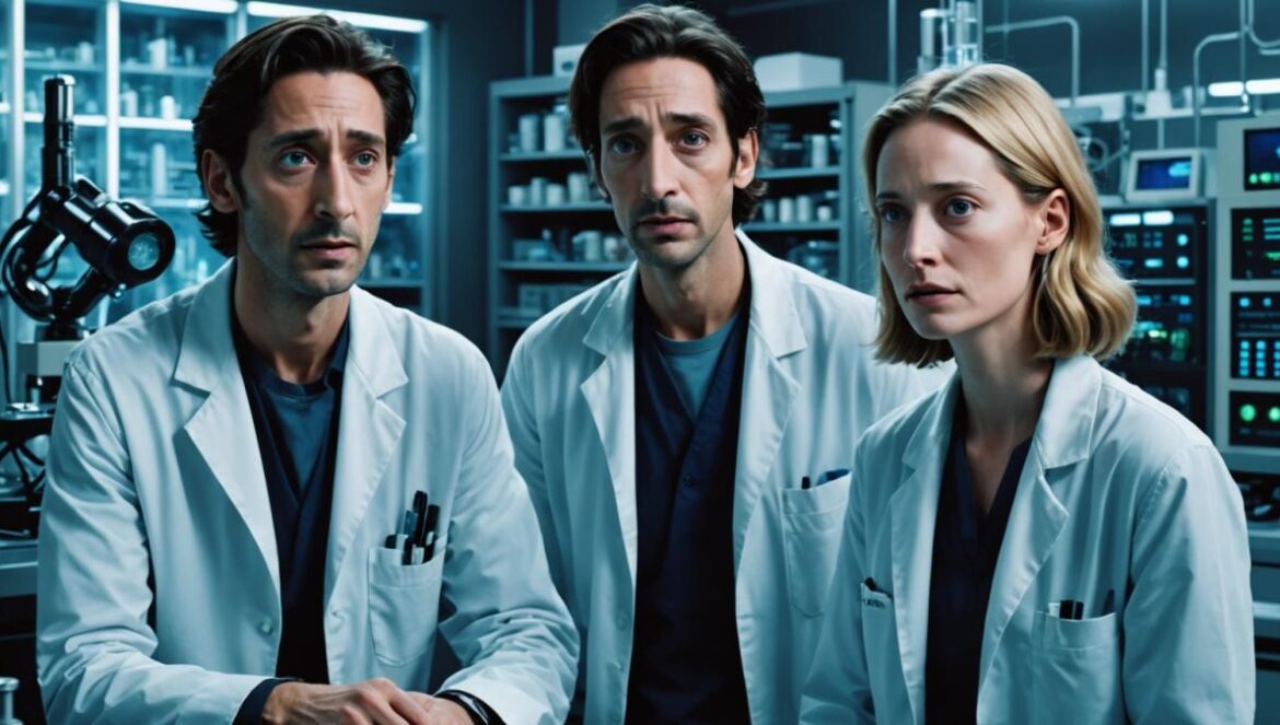 ‘Splice’: la película de sci-fi que sigue incomodando 15 años después A photorealistic editorial-style scene featuring Adrien Brody and Sarah Polley as scientists in a futuristic genetics lab, staring in shock at an incubator with a strange humanoid creature inside. The lab is filled with high-tech equipment and glowing screens, cool bluish lighting creates an unsettling mood, main subjects well-centered and in sharp focus, background clean and modern.