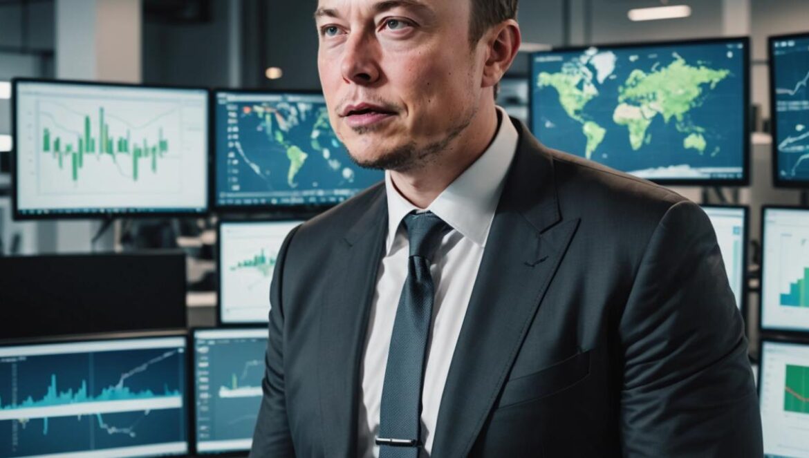 Elon Musk y Tesla: de “Iron Man” incansable a CEO con menos de 40h semanales Elon Musk in a modern, glass-walled Tesla office, looking distracted as multiple screens show charts and social media feeds, photorealistic editorial style, daylight with natural lighting. Investors in business attire watch him from the background, their expressions a mix of concern and expectation. The main subject is centered and in sharp focus, the atmosphere feels tense but dynamic, with futuristic details highlighting innovation and corporate stress.