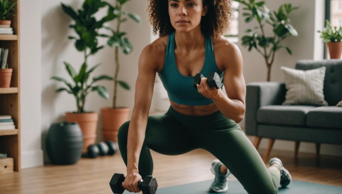La rutina viral de 9 minutos que promete brazos firmes: ¿fitness real o hype de TikTok? A young Latin woman in a cozy, plant-filled apartment, performing a dumbbell arm workout with focus and determination, photorealistic editorial style, soft natural lighting, workout mat and healthy snacks visible in the background, main subject well-centered and in sharp focus for a vibrant wellness lifestyle scene.