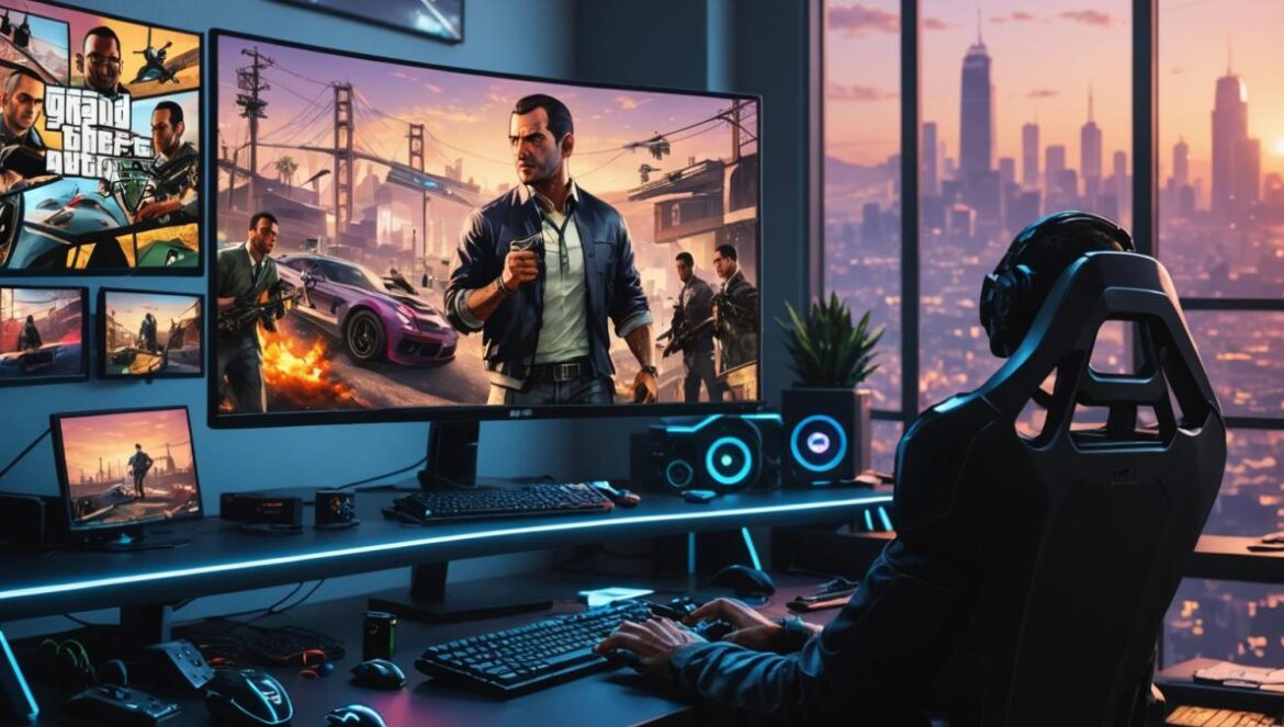 Ray Tracing en GTA V: ¿Realmente cambia la experiencia? Mi análisis tras el último update A photorealistic editorial-style image of a gaming setup focused on a powerful PC running GTA V, screen displaying stunning ray-traced graphics with realistic lighting and reflections, gamer’s hands on keyboard and mouse, vibrant RGB lights in the background, clean and modern desk environment. Main subject (monitor with GTA V visuals) is centered and in sharp focus, well-lit scene.