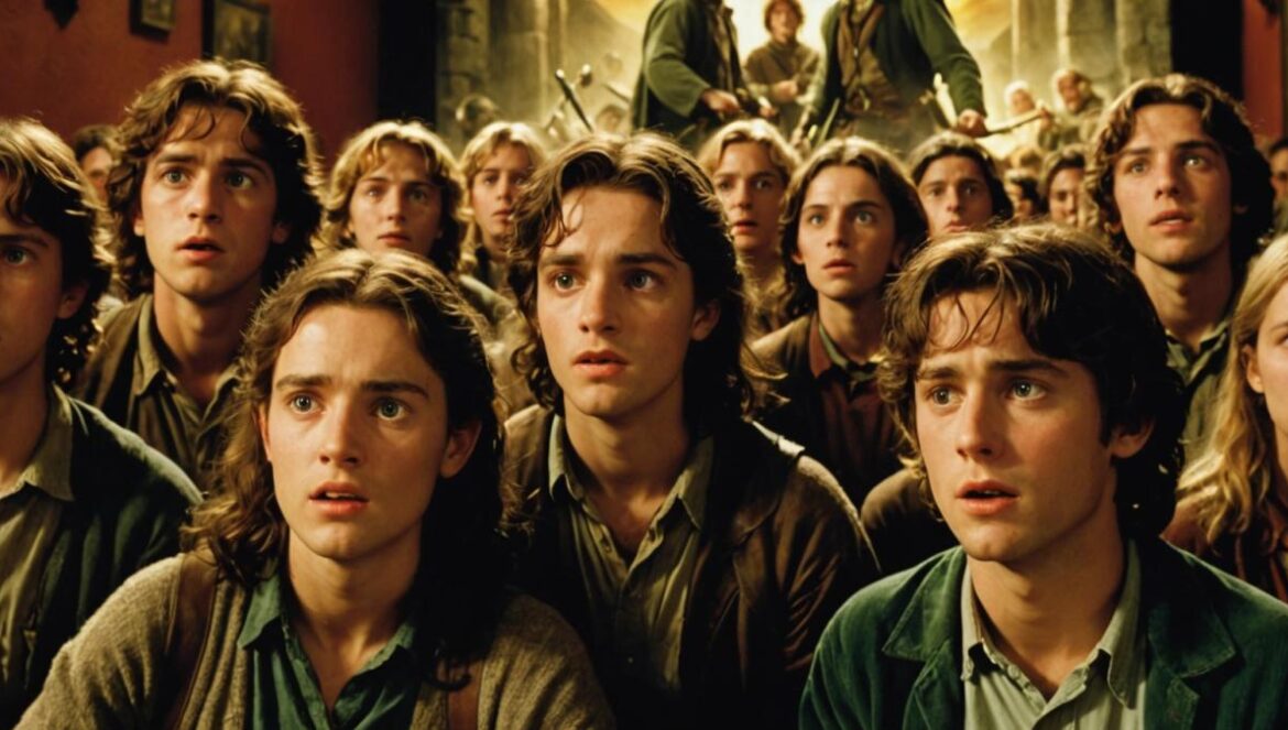 Cuando un tráiler cambió el cine: así fue el impacto de ‘El Señor de los Anillos’ A group of excited moviegoers in a Madrid cinema in 2001, watching the first trailer for The Lord of the Rings: The Fellowship of the Ring, photorealistic editorial style, dim ambient lighting with the glow from the screen illuminating captivated faces, classic film posters on the walls, central focus on an awe-struck young woman holding a notebook and pen, vivid expressions of anticipation and wonder, clean theater background.