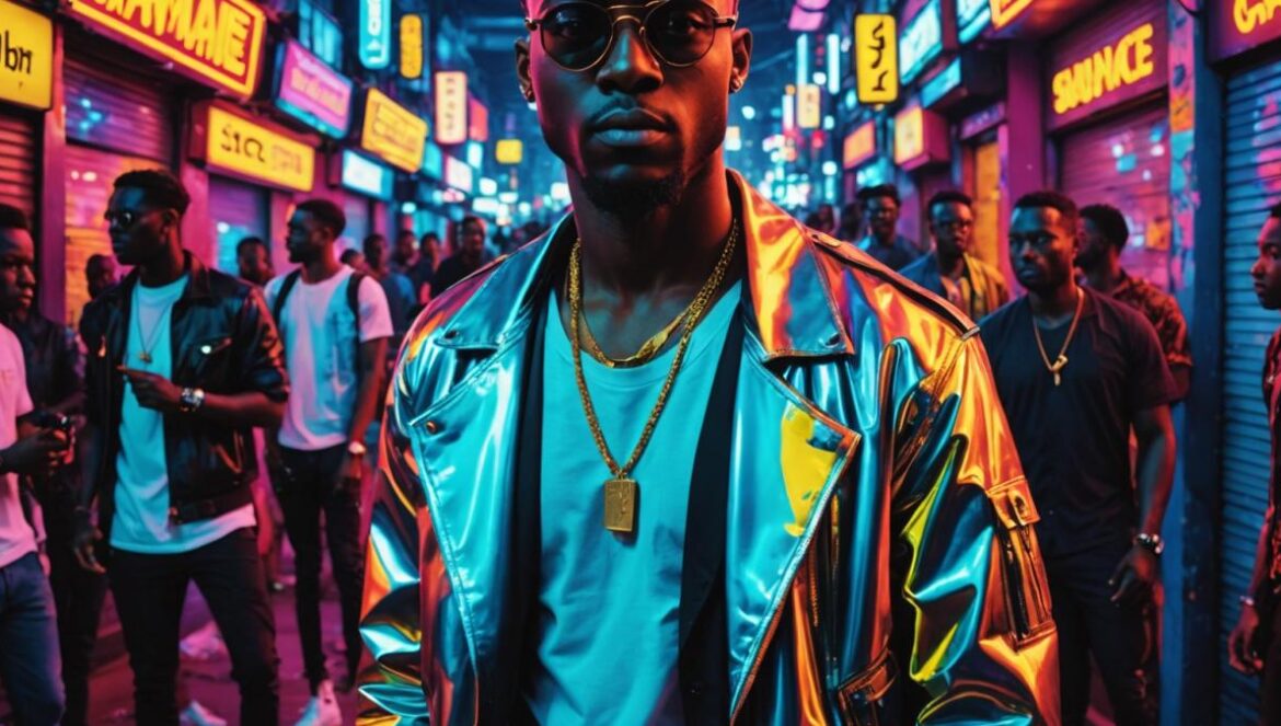 Amaarae lanza ‘Black Star’: el álbum que revoluciona el pop global este verano Amaarae at the center, surrounded by vibrant neon lights inspired by Ghanaian culture and 80s aesthetics, photorealistic editorial style, dynamic pose as if mid-dance, dressed in bold, colorful fashion with metallic accents. Urban nightlife background with subtle hints of a live band and club crowd. Main subject well-centered and in sharp focus, lively and energetic mood.