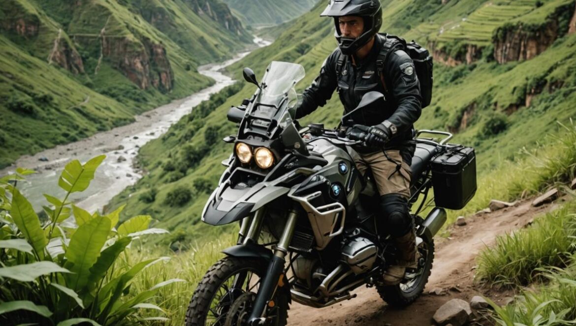 A rugged motorcyclist sitting thoughtfully on the edge of a lush Peruvian ravine, a damaged BMW R 1250 GS partially buried in foliage below. Editorial, photorealistic style. The main subject—an adventurer with travel gear and a reflective expression—is well-centered and sharply in focus. Surrounding details: vibrant green vegetation, distant mountains under soft morning light, helmet resting nearby. The scene conveys both loss and introspection.
