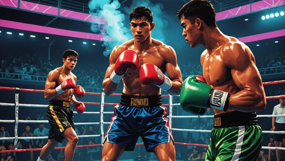 Weed Boxing en Tailandia: entre show viral, riesgo real y la delgada línea del deporte disruptivo A photorealistic editorial-style image of a boxing ring set up over a swimming pool in Thailand at night, with colorful neon lights and cannabis leaf motifs around the area. Centered are two young male boxers with athletic builds, one exhaling smoke as he puts on his gloves. The scene is lively but slightly chaotic, with spectators watching closely and a tropical vibe, main subjects sharply focused and well-lit against a clean background.