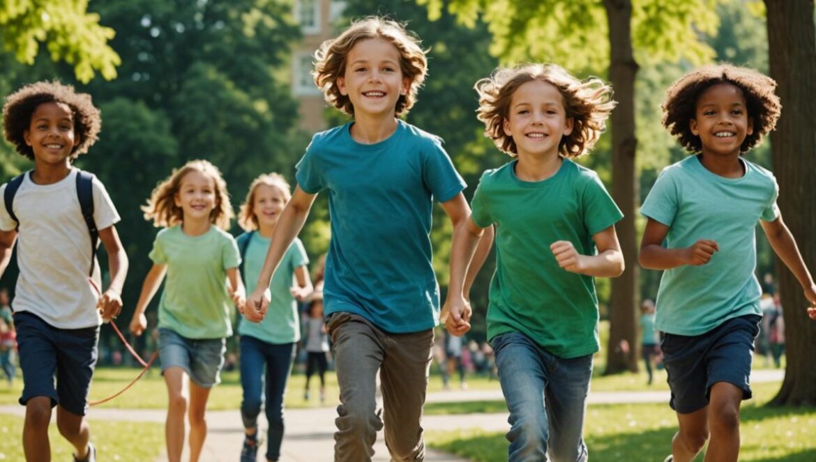 Generación Beta: ¿criar sin pantallas o educar en equilibrio digital? A group of young children, around six years old, playing outdoors in a sunlit urban park, photorealistic editorial style. The children are skipping rope, drawing with chalk, and playing tag, all smiling and interacting face-to-face. No digital devices are visible. The background shows green trees and city buildings blurred softly, giving focus to the kids at the center. The lighting is natural and warm, evoking nostalgia and happiness.