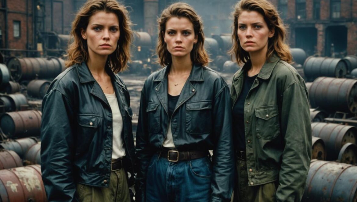 Ciudad Tóxica no es solo una serie: es un espejo incómodo sobre salud, justicia y comunidad A group of three determined women standing together in an industrial British town, 1990s fashion, photorealistic editorial style, serious expressions, misty atmosphere with steel plant ruins and toxic waste barrels in the background. The main subjects are well-centered and in sharp focus, highlighting their unity and strength.