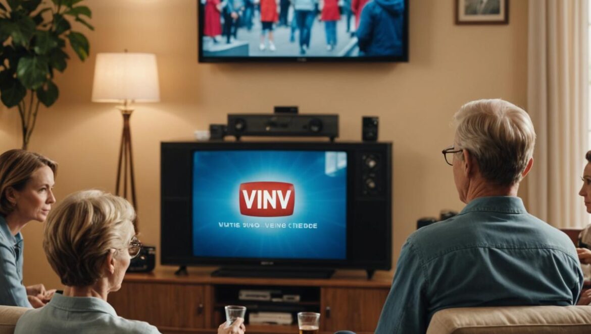 VinTV en la TDT: el canal gratis que mezcla nostalgia, VOD y la revancha contra el streaming de pago en España A modern living room with a large flat-screen TV displaying the VinTV logo, people of various ages watching classic series together, photorealistic editorial style, warm afternoon lighting, vintage TV guides and remote controls on a table, the main subjects clearly centered and in sharp focus, clean and inviting background.