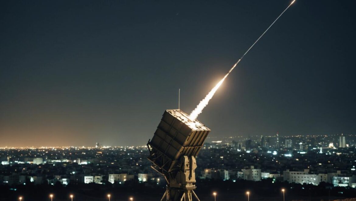 La Cúpula de Hierro: ¿arma invencible o mito en el nuevo Oriente Medio? An advanced Israeli Iron Dome missile defense battery in action at night, photorealistic editorial style, missiles intercepting incoming threats with visible trails, focused on the high-tech system centered in the frame, military personnel operating controls, dramatic sky with flashes of light from interceptions, urban background dimly lit for contrast, main subject in sharp focus.