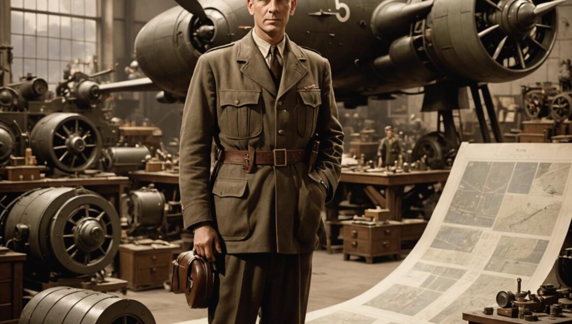 Bomba Disney: cómo un corto de Mickey inspiró la bomba antibúnker británica A detailed editorial-style image showing a British engineer in the 1940s, standing at the center with blueprints of a massive bomb inspired by a Disney cartoon, surrounded by film reels and wartime aviation models, photorealistic style, warm studio lighting highlighting both the technical drawings and subtle Disney propaganda art in the background. The main subject—engineer with plans—clearly centered and in sharp focus.