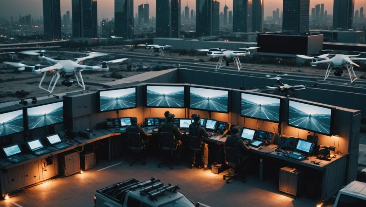 La guerra cambió para siempre (y los drones baratos tienen la culpa) A group of military-grade drones being launched from hidden trucks at dusk on the outskirts of a modern city, photorealistic editorial style, tense and dramatic mood, Israeli and Ukrainian tech operatives monitoring screens inside a high-tech mobile command center, clear focus on the main subjects centered in the image, city skyline blurred in the background with an atmosphere of secrecy and urgency.