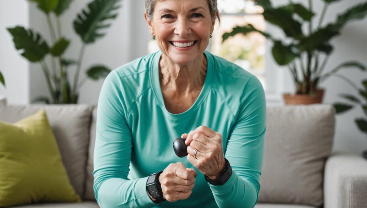 ¿Por qué caminar ya no basta después de los 50? El dato que lo cambia todo (y cómo tu Apple Watch puede ayudarte) A smiling woman in her early 60s, dressed in activewear, lifting light dumbbells while glancing at her Apple Watch, photorealistic editorial style, bright natural lighting, surrounded by green plants in a modern living room, the main subject centered and sharply in focus, clear background with fitness accessories visible.
