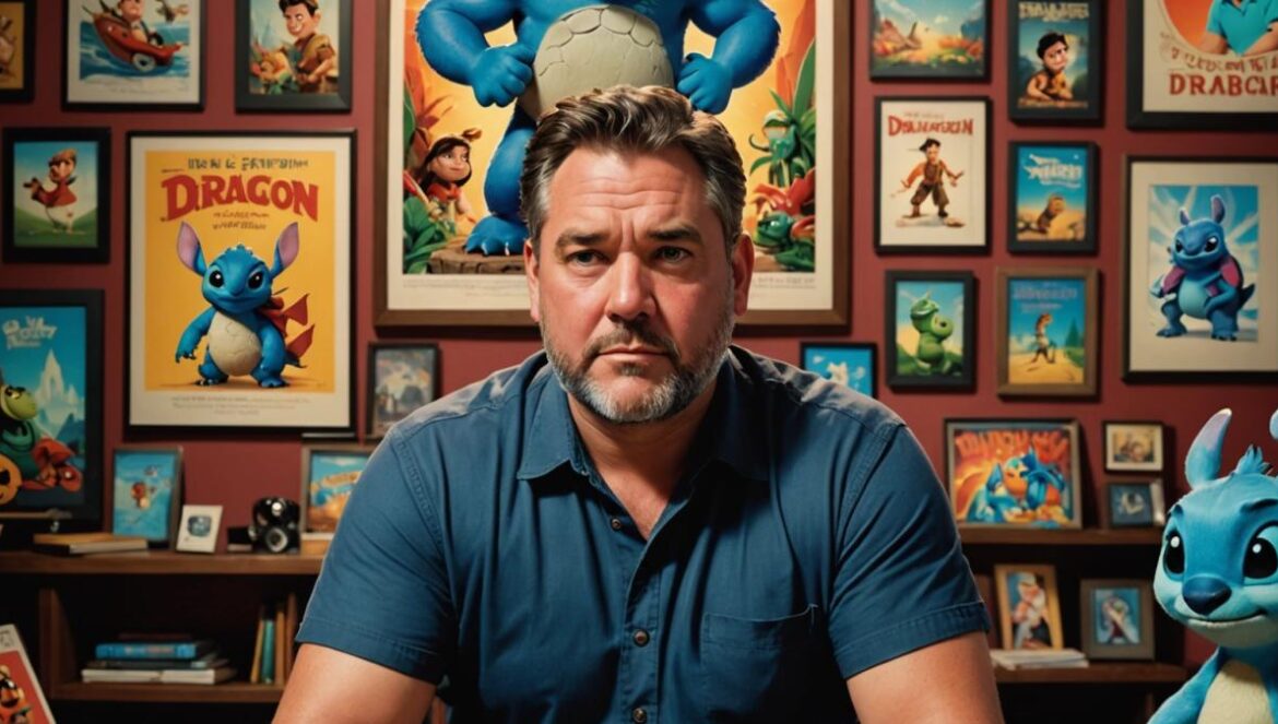 Lilo & Stitch: ¿remake sin su creador? A centered editorial-style portrait of Dean DeBlois, thoughtful and slightly distant, surrounded by classic animated posters of 'Lilo & Stitch' and 'How to Train Your Dragon', photorealistic style, studio lighting, creative atmosphere with subtle Disney and DreamWorks memorabilia, well-centered and in sharp focus.