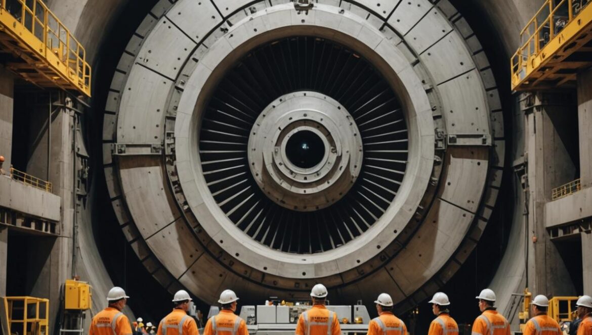 Mayrit, la tuneladora gigante que está cambiando Madrid (y no es solo ingeniería) A massive tunnel boring machine being assembled in a modern urban underground construction site, photorealistic editorial style, centered composition with engineers in high-visibility suits inspecting the gigantic machinery, clear focus on the main subject, bright yet realistic lighting, background hints of city elements and metro signage.