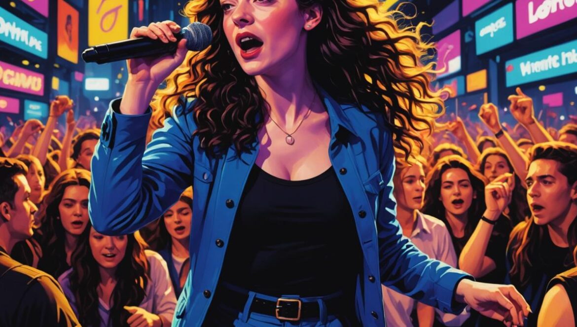 El martillo suena: ¿Por qué “Hammer” de Lorde es EL himno generacional que todos sienten? Lorde performing energetically on stage at night, photorealistic editorial style, bright neon city lights in the background, vibrant crowd with diverse young adults dancing and singing, Lorde in a bold outfit clearly centered and in sharp focus, dynamic lighting highlighting movement and emotion, clean stage with visible microphones and instruments.