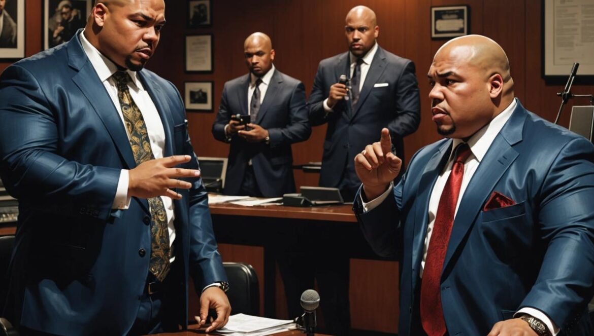 El escándalo Fat Joe vs. T.A. Dixon: demandas millonarias, acusaciones explosivas y un juicio que sacude al hip-hop A tense confrontation between a well-dressed rapper (centered, resembling Fat Joe without direct likeness) and a former hype man in a dimly lit, modern recording studio, photorealistic editorial style, dramatic lighting highlighting the main subjects' faces, legal documents and microphones on the table, atmosphere charged with tension, main figures sharply in focus at the center, clean background with subtle music industry elements.