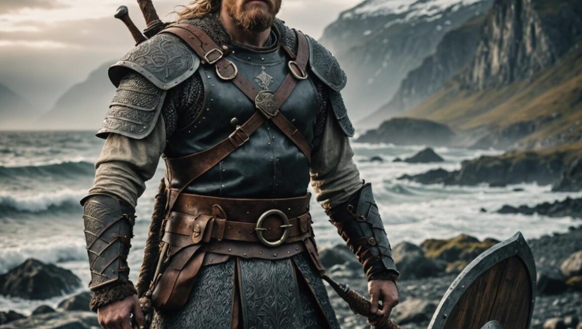 A charismatic actor in detailed Viking armor, standing confidently on a rugged Nordic coastline at dawn, photorealistic editorial style, dramatic lighting highlighting his intense expression and the intricate details of his costume, with historical props like axes and shields surrounding him. The main subject is clearly centered and in sharp focus, the background features misty mountains and a roaring sea for an epic vibe.