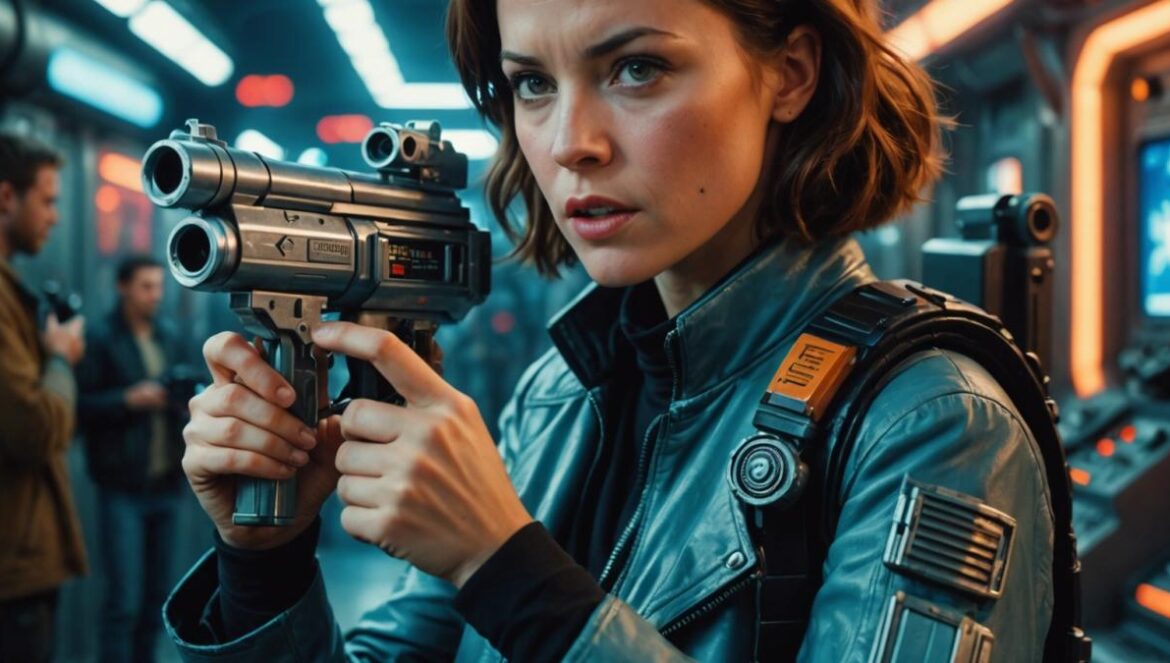 El “pew pew” de Star Wars: por qué ni los actores resisten hacerlo en pleno rodaje A well-centered actress on a sci-fi movie set, holding a futuristic blaster prop and making playful "pew pew" sounds with her mouth, photorealistic editorial style, vibrant lighting reminiscent of a Hollywood set, crew and classic movie cameras in the background, main subject in sharp focus with expressive face, detailed props, clean environment.