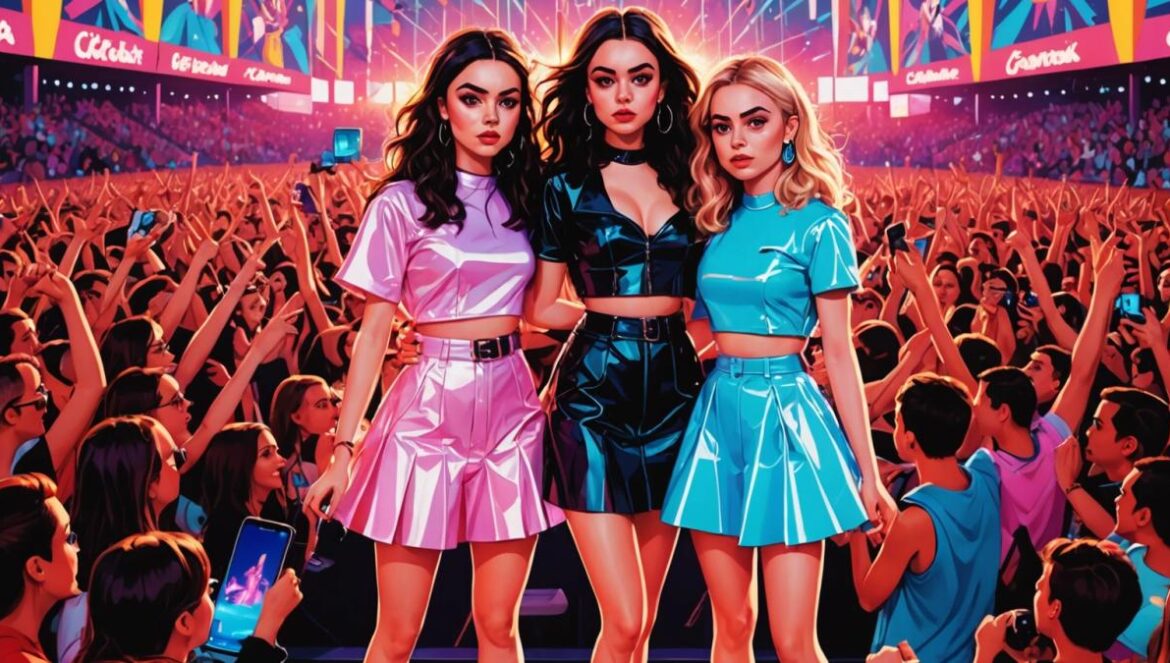 Charli, Chappell y Sabrina conquistaron Primavera Sound: el pop ya no pide permiso Three vibrant female pop stars—Charli xcx, Chappell Roan, and Sabrina Carpenter—centered on a massive outdoor stage at night in Barcelona, photorealistic editorial style. The crowd is a sea of excited fans waving neon glow sticks. Colorful stage lights create an electric, euphoric atmosphere. In the background, a whimsical 'Powerpuff Girls' statue is visible. The main trio are clearly centered and in sharp focus, with dynamic poses capturing their unique personalities; stylish costumes and energetic body language. Clean background with hints of city lights.