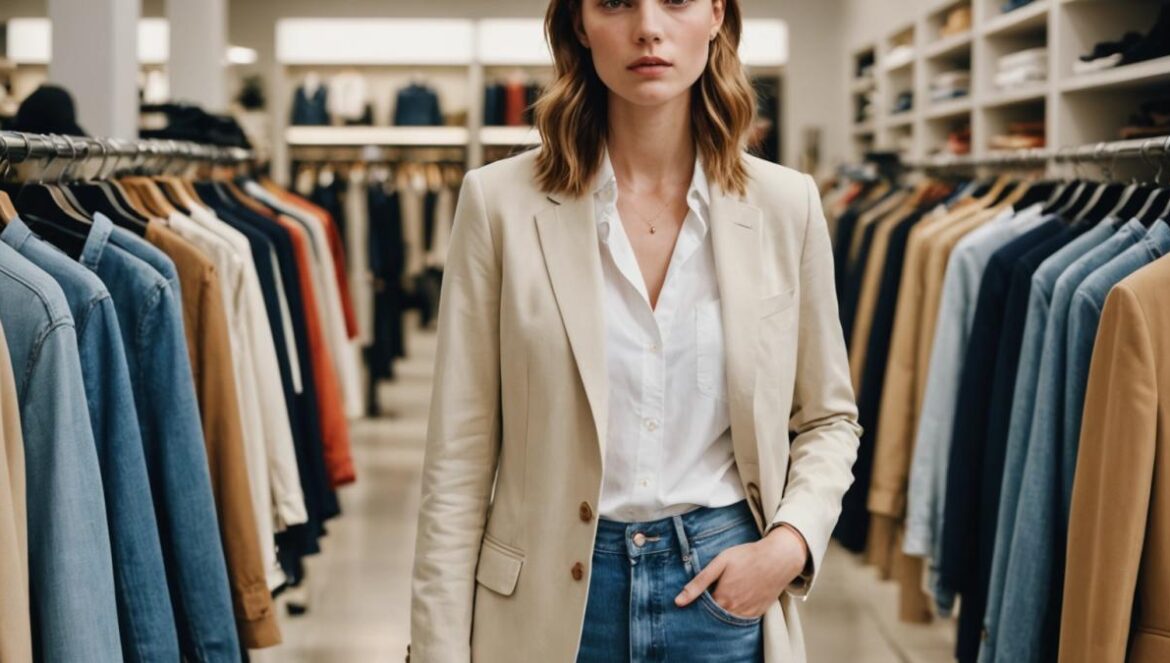Rebajas de verano en Inditex: cómo transformar la compra impulsiva en inversión consciente A modern young woman with a relaxed, confident vibe stands in a stylish Zara store during summer sales, holding carefully selected blazers and jeans. Photorealistic editorial style, bright natural lighting, vibrant summer colors, chic displays of accessories and shoes around her. Main subject centered and sharply focused, surrounded by minimal crowd and neat clothing racks for a fresh, aspirational atmosphere.