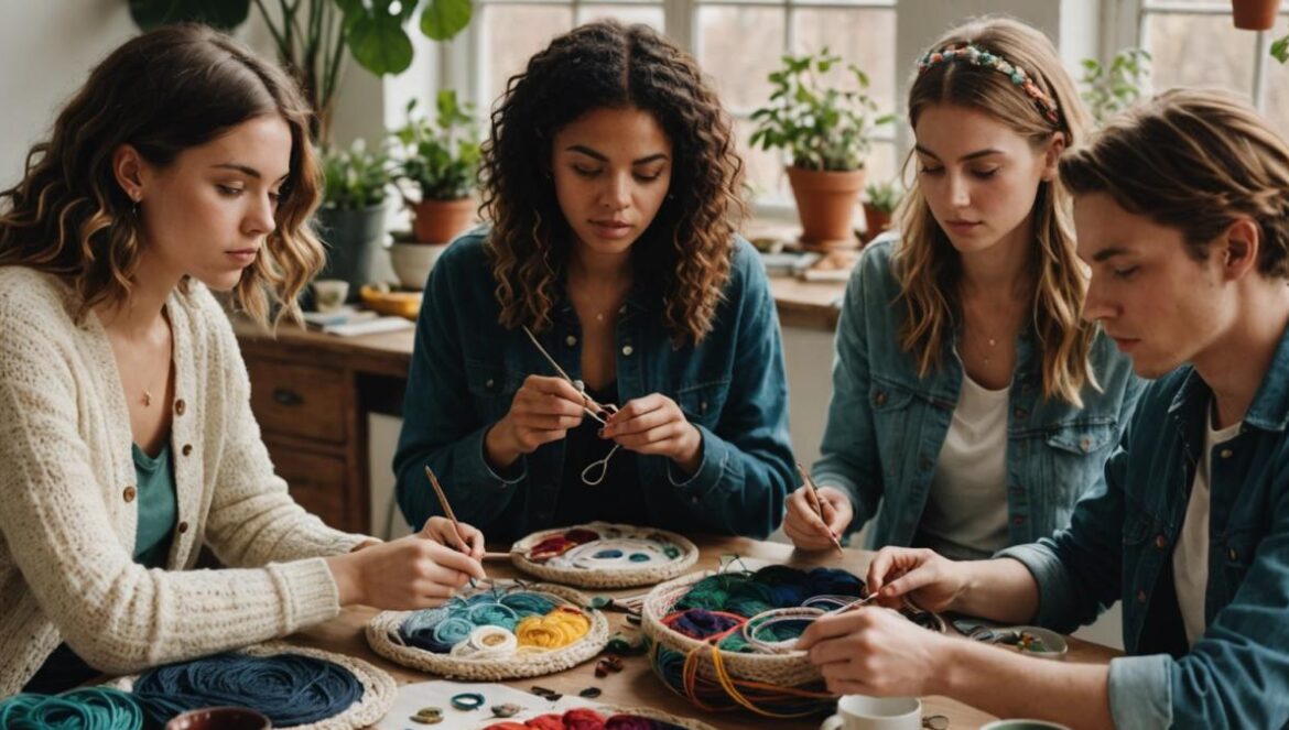 A group of stylish young adults, centered and in focus, sitting around a table with colorful yarns, embroidery hoops, and crochet hooks. Photorealistic editorial style, natural light from a window highlights their concentration and hands in motion. The mood is cozy and creative; indoor setting with plants and handmade pieces visible in the background. Props include vintage scissors, ceramic mugs, and open sketchbooks—everything focused on the hands-on crafting process.