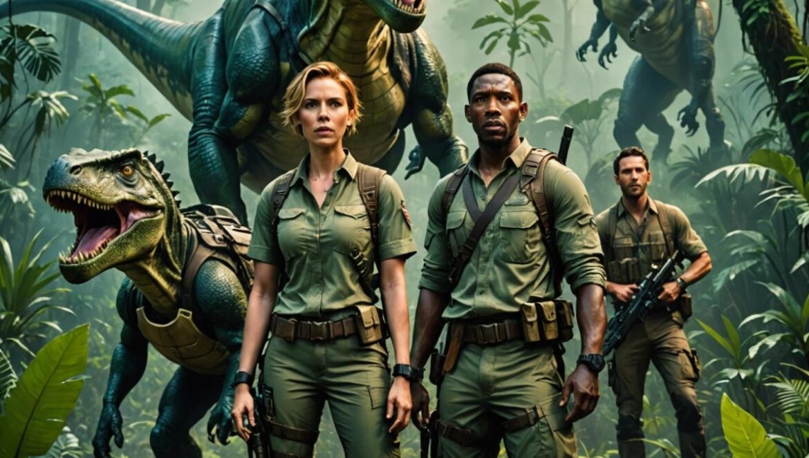 Jurassic World 4: Lo que nadie te ha contado del regreso jurásico más esperado Scarlett Johansson as a tough female mercenary, flanked by Mahershala Ali and Jonathan Bailey in rugged adventure gear, standing in a lush, overgrown jungle clearing at dawn. Behind them loom enormous, photorealistic dinosaurs—one terrestrial, one aquatic visible in a misty river, and one airborne above the treetops. Editorial-style, dramatic lighting highlighting tension and adventure, center-focused on the main trio with sharp detail, cinematic atmosphere.
