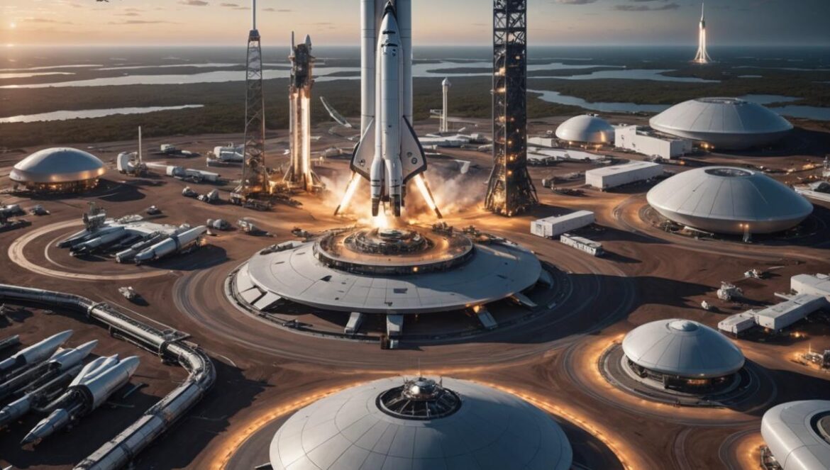 ¿Viajar a Marte en solo 90 días? El plan que pone a temblar a la NASA A futuristic rocket launch pad with multiple SpaceX Starship rockets, two crewed ships and four cargo vessels being prepared for interplanetary travel, photorealistic editorial style, energetic NASA engineers coordinating the operation, evening lighting highlighting metallic details, Earth’s curve visible in the background, main rocket centered and sharply in focus, dynamic tech-filled environment.