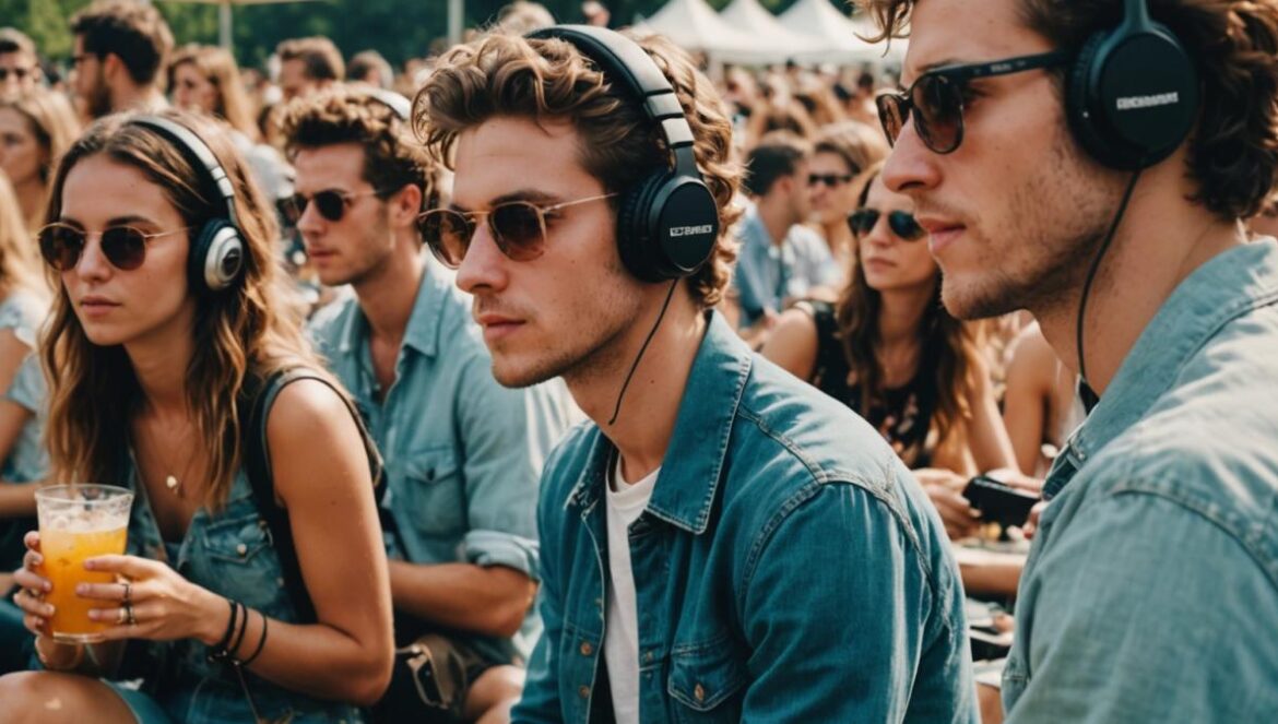 El verano suena distinto: las playlists secretas de los artistas que amas A group of young, stylish musicians and influencers lounging at an outdoor summer music festival in New York, center-focused composition, photorealistic editorial style, vibrant daylight with warm tones, visible headphones, colorful drinks, and a visible playlist on a smartphone screen; main subjects in focus with blurred crowd in the background.