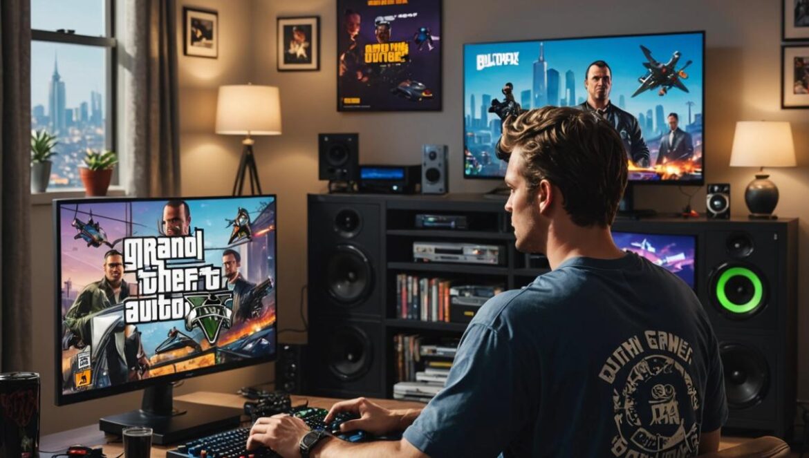 GTA Online Money Fronts: ¿Por qué el pre-descarga es solo para nueva generación? A well-centered gamer in a modern apartment, surrounded by both retro and next-gen consoles, downloading the GTA Online Money Fronts update on a large TV screen. Editorial photorealistic style, with dynamic natural lighting. The room features game posters, controllers, and energy drinks visible on a neat desk. The main subject is excitedly checking the download progress, clearly focused and sharp at the center of the image.