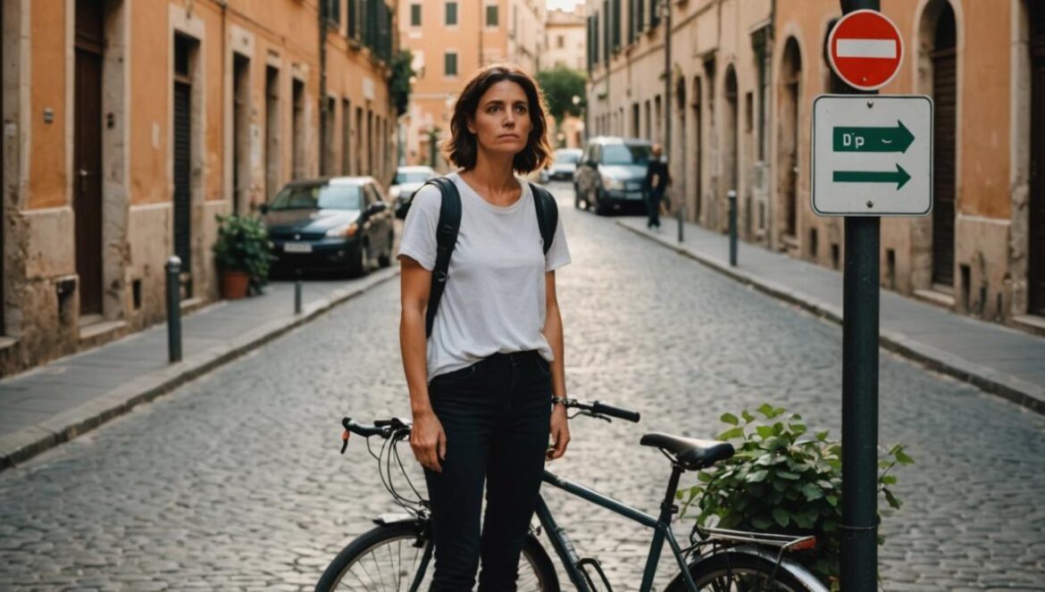 Cuando te roban la bici y duele más de lo que esperabas (sí, es normal) A frustrated woman standing next to an empty bike rack and a fallen street sign in a residential Rome neighborhood, photorealistic editorial style, late afternoon sunlight, her expression showing disappointment, the scene includes cobblestone streets, Mediterranean buildings, and some greenery in the background, main subject well-centered and in sharp focus.