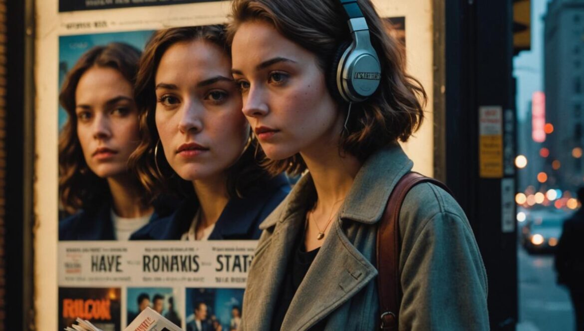Materialists: el nuevo flechazo indie con Dakota Johnson y una canción de Japanese Breakfast que lo cambia todo A stylish editorial shot of a modern New York City cinema exterior at dusk, with movie posters for 'Materialists' prominently displayed. In the foreground, a fashionable young woman in headphones holds a vintage notebook and gazes up at the poster, lost in thought. Warm streetlights illuminate her face, evoking nostalgia and urban romanticism. The background is softly blurred with hints of city life—yellow cabs, classic brownstones, and couples walking hand-in-hand. Editorial photorealistic style, main subject centered and in sharp focus, clean and atmospheric composition.