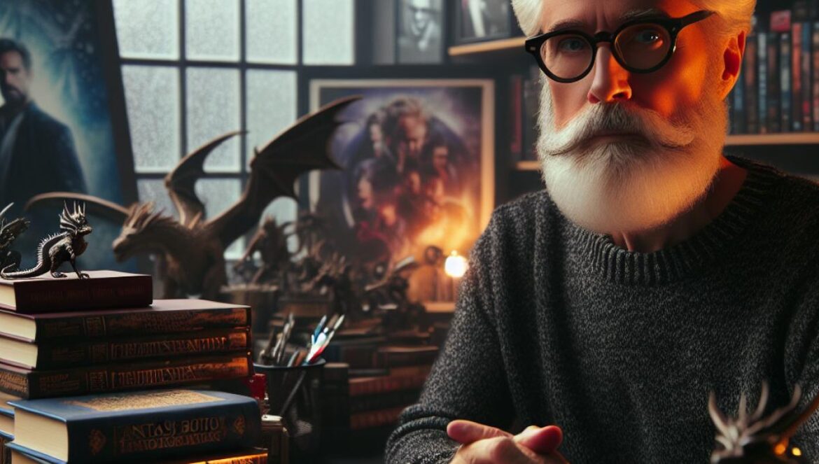 George R.R. Martin, bloqueado: por qué el fandom no lo deja escribir en paz A middle-aged man resembling George R.R. Martin, sitting at a desk filled with fantasy books, film scripts, and awards, editorial-style photography, thoughtful mood with soft warm lighting, a window showing dragon figurines and classic movie posters in the background, main subject well-centered and in sharp focus.