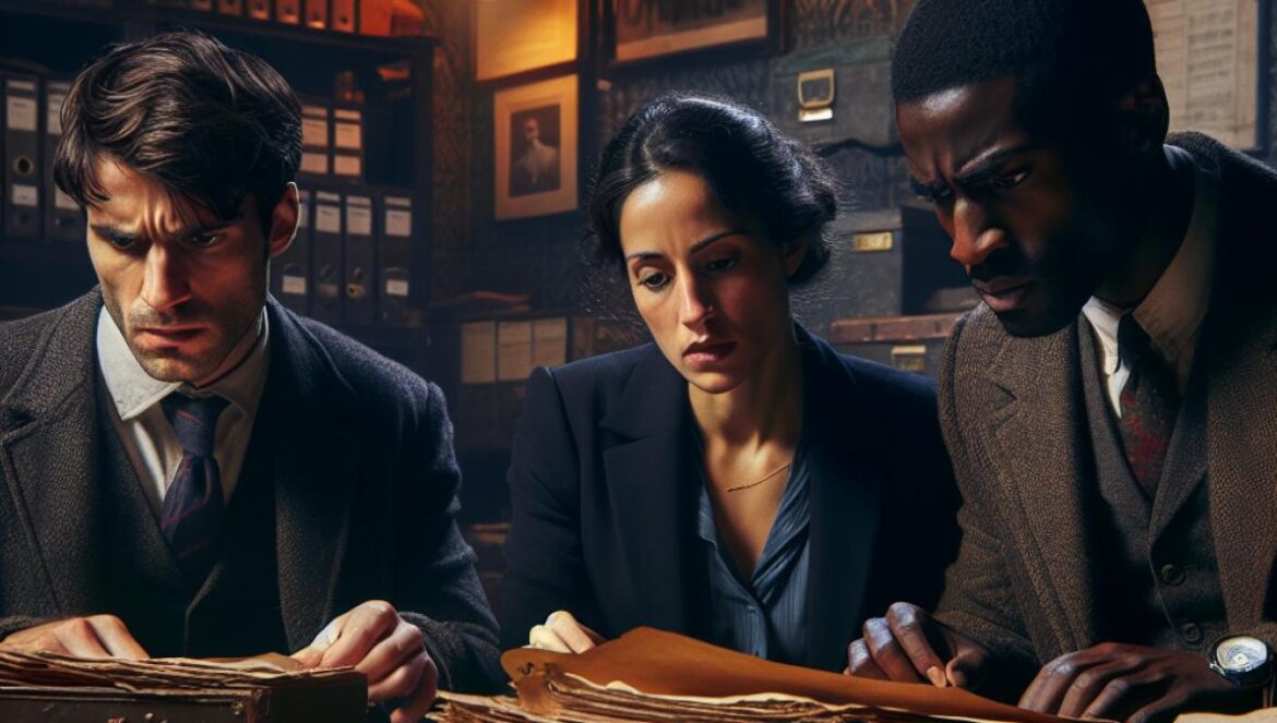 Dept. Q: el thriller europeo que arrasa en Netflix y conquista a los fans del noir A tense scene inside a dimly lit Edinburgh police archive, photorealistic editorial style, three detectives intensely reviewing old case files at a cluttered table, vintage Scottish decor with file boxes and crime evidence boards in the background, focused expressions, moody yet sharp lighting, main subjects well-centered and in clear focus.