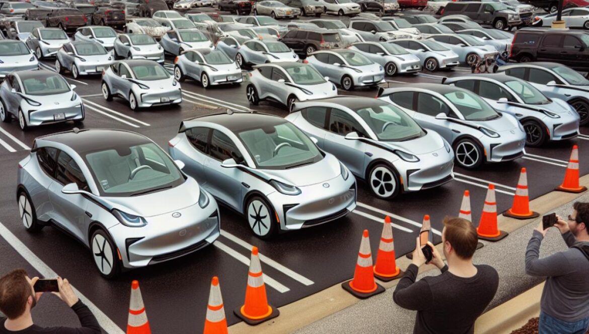 Cybertrucks acumulados: ¿fracaso eléctrico o exceso de hype made in Tesla? A parking lot outside an American shopping mall, packed with dozens of silver Tesla Cybertrucks lined up closely together, photorealistic editorial style, overcast daylight, a few curious onlookers with smartphones taking photos, orange traffic cones marking off the area, main subject (the clustered Cybertrucks) clearly centered and in sharp focus, background showing parts of the mall building.