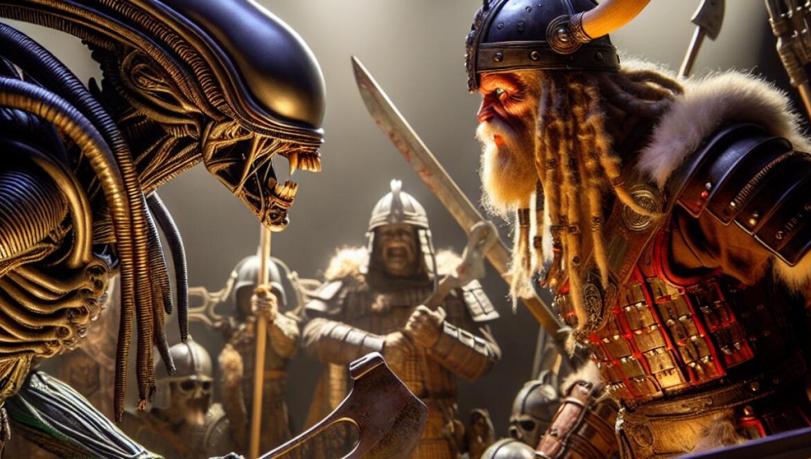 Predator viaja en el tiempo (y al anime): vikingos, samuráis y guerra total en Disney+ A photorealistic editorial image of an animated Predator facing off against a Viking warrior under dramatic lighting, with hints of samurai armor and WWII gear in the background, intense and cinematic mood, main subjects centered and in sharp focus, detailed environment suggesting epic battles across different eras.