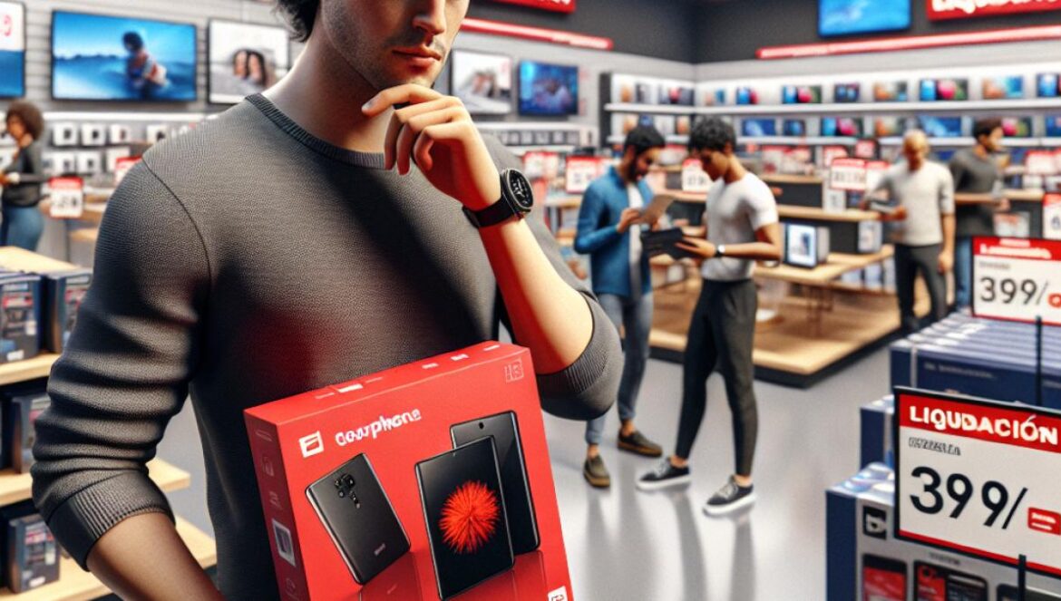 Liquidaciones en MediaMarkt: chollos tech… ¿o trampa disfrazada de oferta? A photorealistic editorial image showing a modern MediaMarkt store interior in Spain, with bright lighting and vibrant red branding. Centered in sharp focus is a young tech-savvy man holding an iPhone 14 Plus box and examining a discounted TV. Surrounding him are people browsing tablets and laptops with visible price tags showing large discounts. The mood is energetic and the environment is clean and inviting, showcasing open product displays and clear signage of 'Liquidación' (clearance) offers. Main subject well-centered, crisp, and detailed.