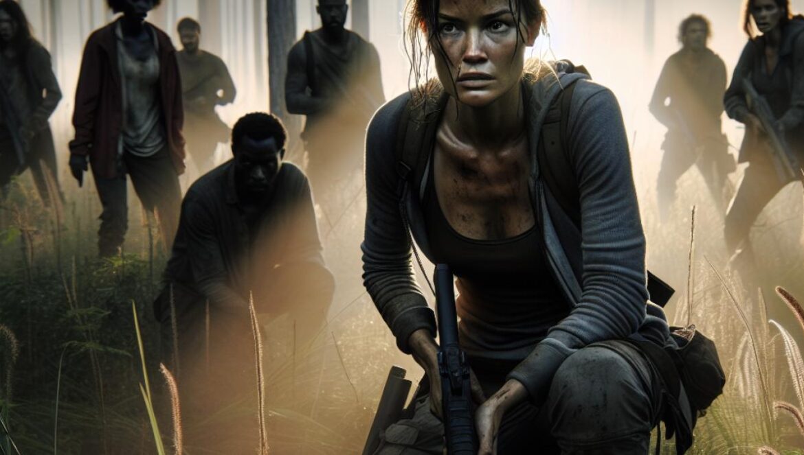 ¿Thriller sangriento o sátira política? ‘The Hunt’ te obliga a elegir bando (o no) A dramatic and photorealistic editorial-style image of a tense forest clearing at dawn, with a central female protagonist (in her early 30s, athletic build, determined expression) crouched in focus, gripping an improvised weapon. Around her, scattered figures awaken confusedly among tall grass and mist, some looking fearful, others alert. The atmosphere is suspenseful but cinematic, with soft sunlight filtering through trees and subtle hints of danger. Centered composition; main subject sharp and well-lit.