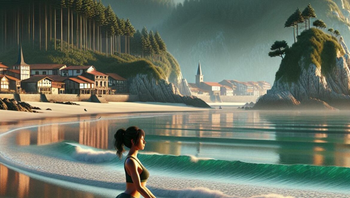Noja fuera de temporada: el rincón secreto del norte para resetear cuerpo y mente A peaceful coastal village in northern Spain, with expansive white sandy beaches, lush pine forests, and dramatic cliffs. Centered in the image is a young woman practicing yoga on the sand at sunrise, surrounded by nature and distant waves. Photorealistic editorial style, warm morning light, vibrant yet tranquil mood. The main subject (the woman) is clearly centered and in sharp focus, while the background shows the charming town of Noja with hints of local architecture and green marshlands.