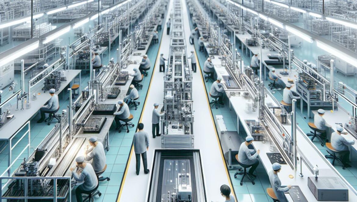iPhone y China: ¿Por qué la velocidad asiática ganó sobre el sueño de Jobs? A modern Foxconn factory floor in Shenzhen, China, photorealistic editorial style, engineers and workers assembling iPhones under bright white lights, main assembly line centered and in sharp focus, high-tech equipment visible, sense of speed and efficiency, clean organized background with subtle Apple logos.