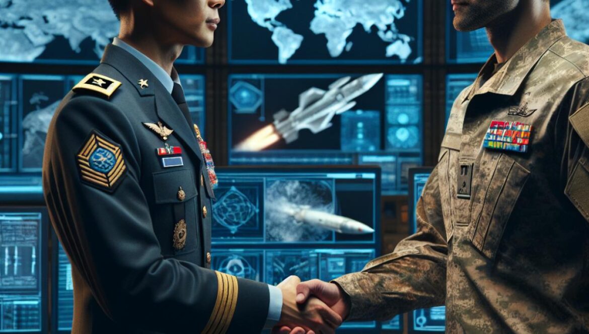 El pacto Corea del Norte–Rusia que está rearmando al mundo en silencio A serious, central-focused editorial photo of North Korean and Russian military officers shaking hands in a high-tech command center, with digital maps and missile schematics displayed on large screens behind them. Photorealistic, well-lit, professional setting. Details include military uniforms, visible medals, modern computers, and an air of tense collaboration. Main subjects are sharply in focus and positioned at the center, background is clean yet rich in tech detail.
