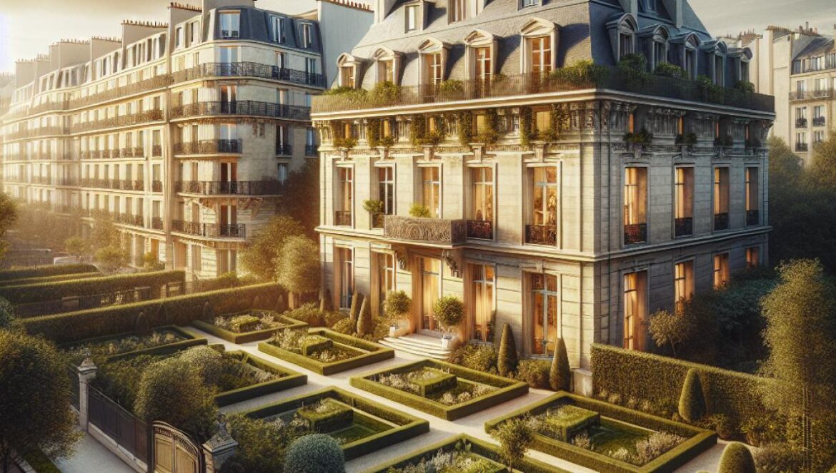 Más allá del lujo: por qué tu casa influye más en tu salud que en tu estatus A sophisticated Parisian townhouse from the 1920s, well-centered and in sharp focus, featuring elegant architectural details and a lush green garden of about 70 m². The scene includes subtle hints of city life—a background view of Montsouris Park, gentle daylight streaming through large windows, and ambient urban sounds suggested by a blurred hospital building in the distance. Editorial-style, warm lighting, creating an inviting yet realistic mood. Main subject is the house facade with garden clearly centered.