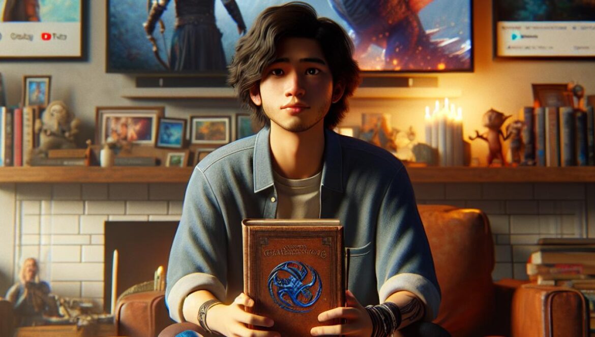 Eragon: cómo Hollywood apagó un fenómeno épico antes de despegar A well-lit, photorealistic editorial image of a young adult holding a worn copy of 'Eragon' with a vibrant blue dragon egg beside them, seated in a cozy living room filled with fantasy movie posters and books. The main subject is centered, looking hopeful but thoughtful, with streaming platforms visible on a nearby TV screen. Warm lighting, detailed props like a notepad and festival lanyard add realism and context.