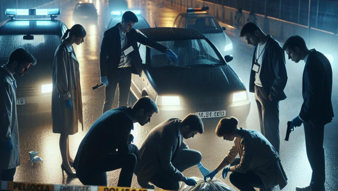 El true crime español arrasa en Netflix: ¿por qué todos ven ‘La viuda negra’? A tense scene on a dimly lit Valencia parking lot at night, with Spanish police tape and investigators gathered around a car where a body is being examined. Editorial, photorealistic style; the mood is dramatic and suspenseful, with focused faces of detectives and subtle city lights in the background. Main subject (the investigation) centered and in sharp focus, conveying intrigue and urgency.